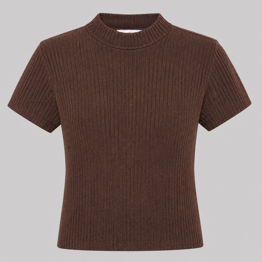Vintage B.Zoy Women Ribbed Short Sleeve Mock Neck Knit Sweater Top Chocolate New